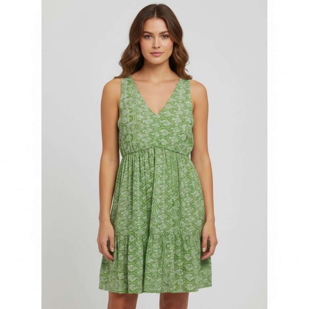Japna Green White Geometric Floral Sleeveless Dress Size XL Tiered V Neck New